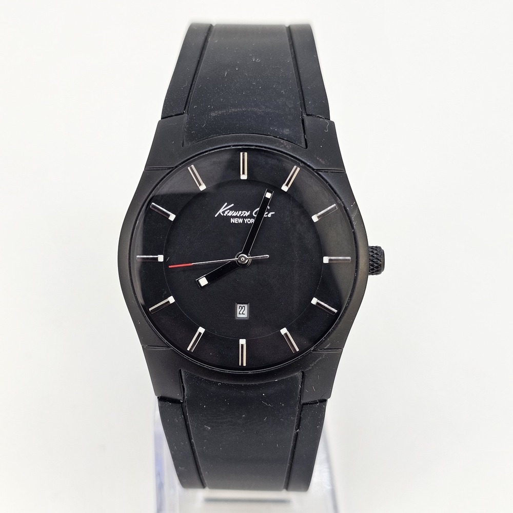 Kenneth Cole Unisex Watch 34MM‎ Black Dial Date Black Plastic Bands New Battery